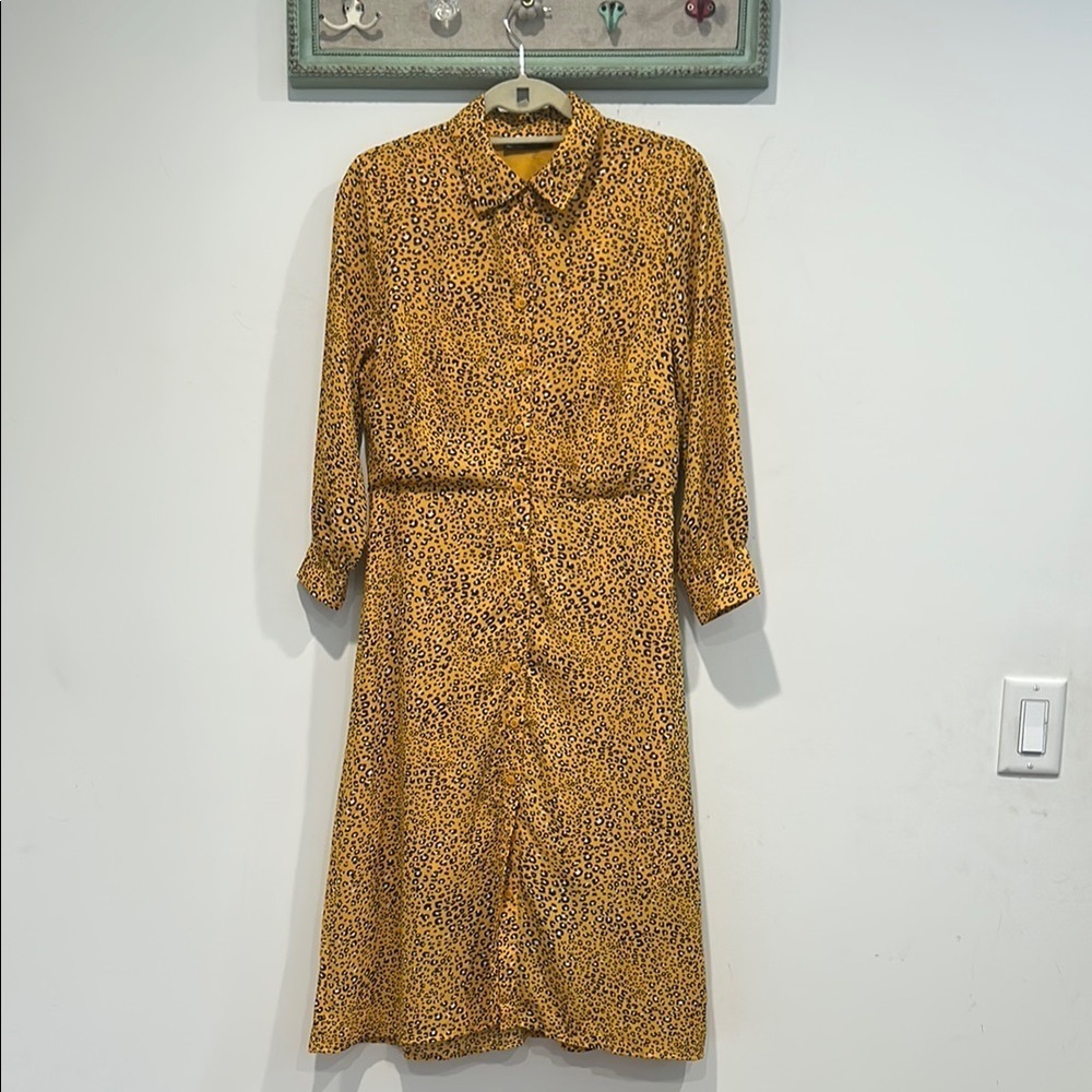 New York & Company Yellow Gold Buttoned Midi Dress medium leopard cheetah